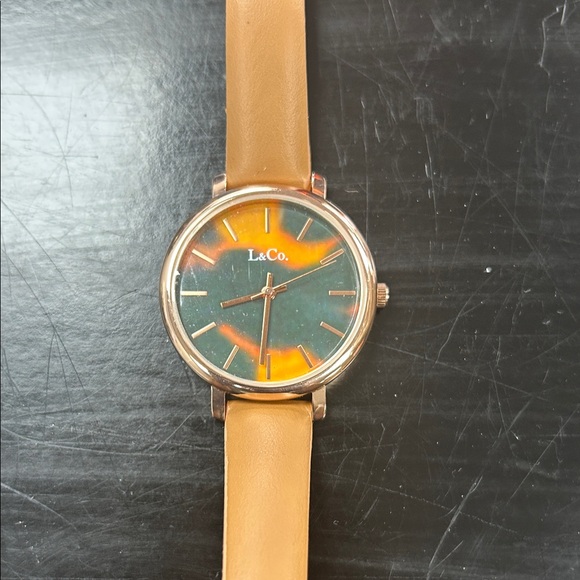 Jewelry - Tan Leather Strap Watch with Green and Orange Dial